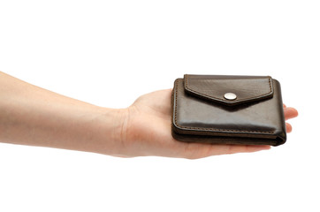 female hand holding wallet.