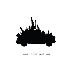 Obraz premium travel car with famous world icon vector silhouette