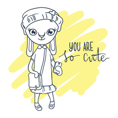 Cute rabbit girl in hat, phone and bag. Inscription: You are so cute. Hand-drawn contour for children coloring.