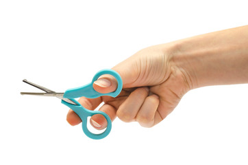 woman hand holding kids scissors.