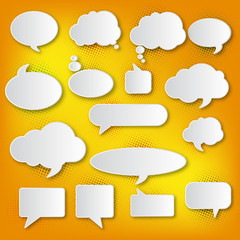 A large set of white speech bubbles on a halftone background.