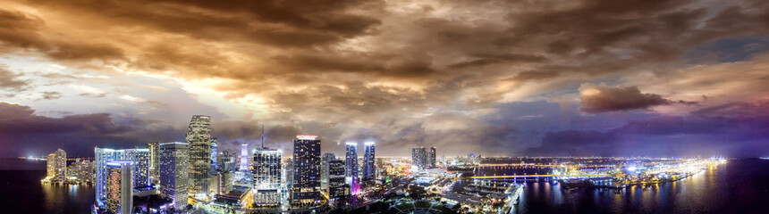 Downtown Miami at night, panoramic aerial view