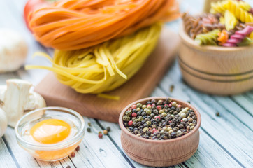 Still life with pasta ingredients