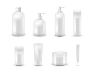 Blank cosmetic package collection set isolated on white background. Realistic cosmetic bottle mock up set. Shampoo and cream pack.