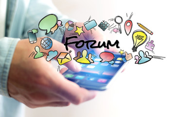 Concept of man holding smartphone with forum title and multimedia icons flying around