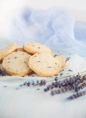 Aromatic lavender handmade cookies on wooden background with copy space