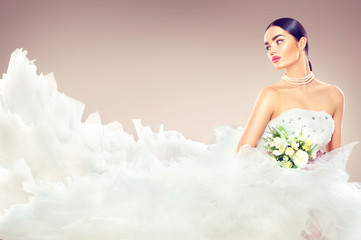 Beauty model bride in wedding dress with long train. Beautiful fiancee in elegant white wedding...