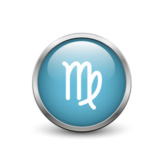 Virgo zodiac symbol, black button with metal frame and shadow