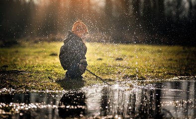 Small boy playing outdoor at early spring