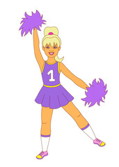 Happy dancing cheerleader. Sport team support. Smiling blonde girl with bangs and ponytail wearing purple uniform with number one print, white socks and pink sneakers jumping with violet pom-poms.