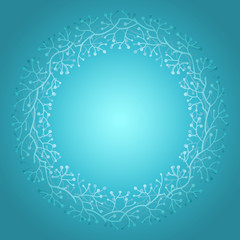 Hand drawn wreath with berries and branches. Round frame for cards, invitations and design. Vector illustration in soft blue colors for background.