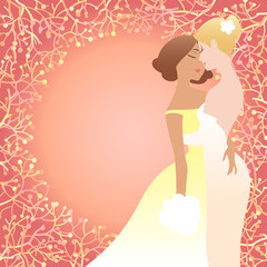 Illustration of female same sex couple embracing each other after being married. Same-sex family. Vector art, cartoon style on abstract background. Design for wedding invitations, Save the Date cards.