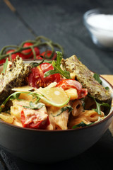 Whole Wheat Pasta Salad with Fresh Arugula, Mozzarella, Roasted