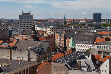 Fototapeta na wymiar Cityscape of Copenhagen from the Round Tower. City center streets.