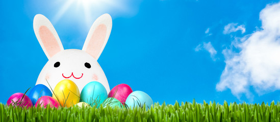 Osterhase mit bunten Ostereiern auf einer Wiese