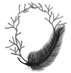 Hand drawn black branch frame with feather for greeting card, isolated illustration painted by pencil, watercolor