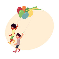 Two boys, black African and Caucasian, running together with balloons and kite, cartoon vector illustration with place for text. Black African and Caucasian boys, friends running together