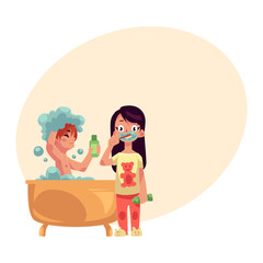 Little boy taking bath, washing hair and girl in pajamas brushing teeth, cartoon vector illustration with place for text. Boy in bathtub and girl brushing teeth, evening hygiene routine