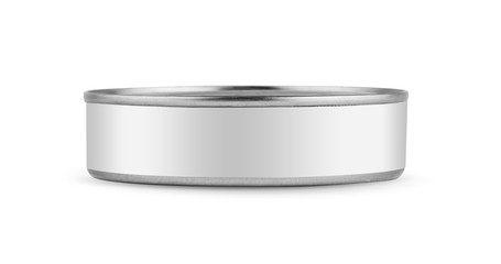 White blank tincan silver metal Tin Can, canned Food. Isolated on white background. Ready for your design. Real product packing. Mockup.