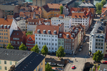 Fototapeta na wymiar Aerial view of Copenhagen streets. Christianshavn distrinct