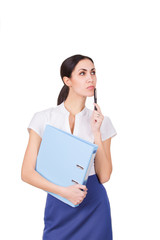 Fototapeta premium Beautiful business woman in formalware with documents thinking. Isolated