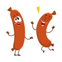 two cute and funny sausage character with human face jumping excitedly, cartoon vector illustration isolated on white background. Happy, excited sausage character, mascot, exclamation mark