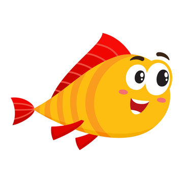 Cute, funny golden, yellow fish character with human face rushing, swimming somewhere, cartoon vector illustration isolated on white background. Yellow fish character, mascot interested in something
