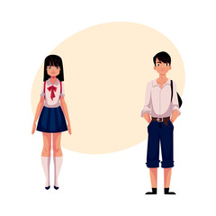 Typical teenage Japanese students, schoolgirl and schoolboy, in typical uniform, cartoon vector illustration with place for text. Full length portrait of typical Japanese school students