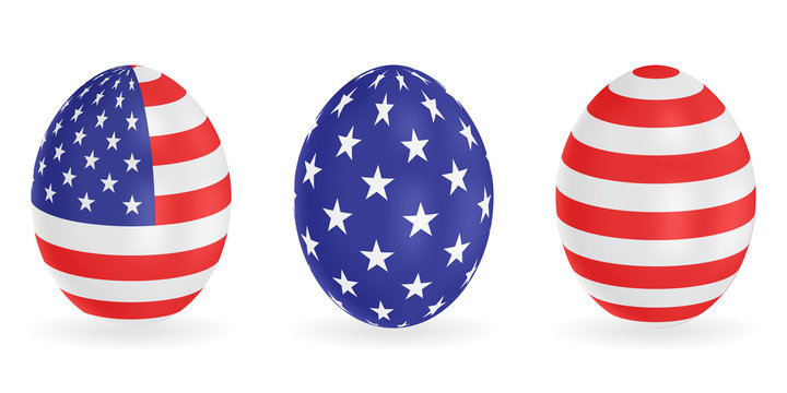 Set of Easter eggs in the colors of the American flag. Vector 3d icons. Festive illustration for your design.