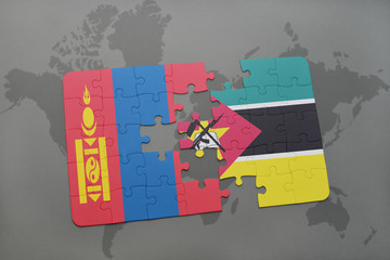 puzzle with the national flag of mongolia and mozambique on a world map