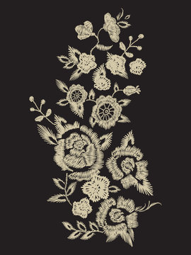 Embroidery plain ethnic neck line pattern with simplified flowers. Vector traditional folk floral design on black background for fashion wearing.