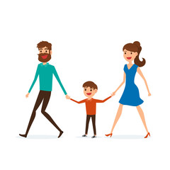 Obraz na płótnie Canvas Happy family walking together and hold in hand. Father mother and son. Flat design style.