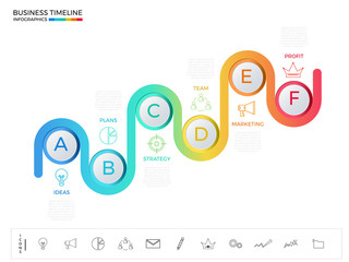 Modern colorful business timeline circle infographics template with icons and elements.