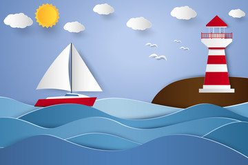 lighthouse and sailboat with seascape , paper art style