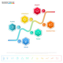 Modern colorful business timeline hexagon infographics template with icons and elements.