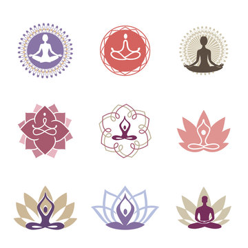 Yoga Logos / Vector yoga icons and line badges, graphic design elements or logo templates for spa center or yoga studio