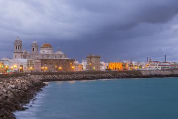 Evening cityscape with cathedral in Cadiz,Spain