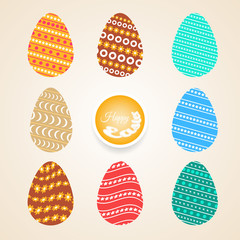 Vector set of Easter eggs different colors and patterns on the light gradient background.