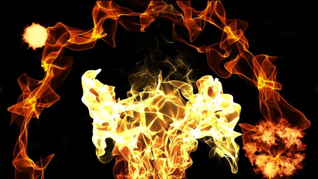 Seamless abstract animation of fire source burning with flame spark and heat blast radiation in black isolated background pattern in 4k loop