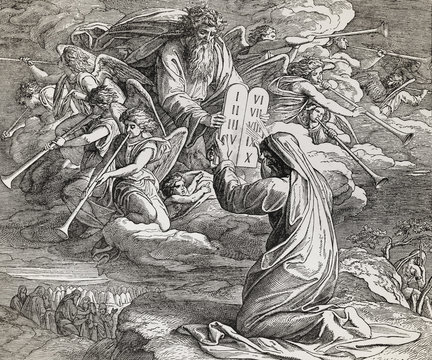 Moses receiving the ten commandments from God, graphic collage from engraving of Nazareene School, published in The Holy Bible, St.Vojtech Publishing, Trnava, Slovakia, 1937.