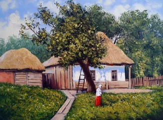 Hut, ukrainian, oil landscape