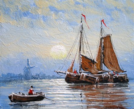 Ships, fisherman, boat, sea lanscape oil paintings