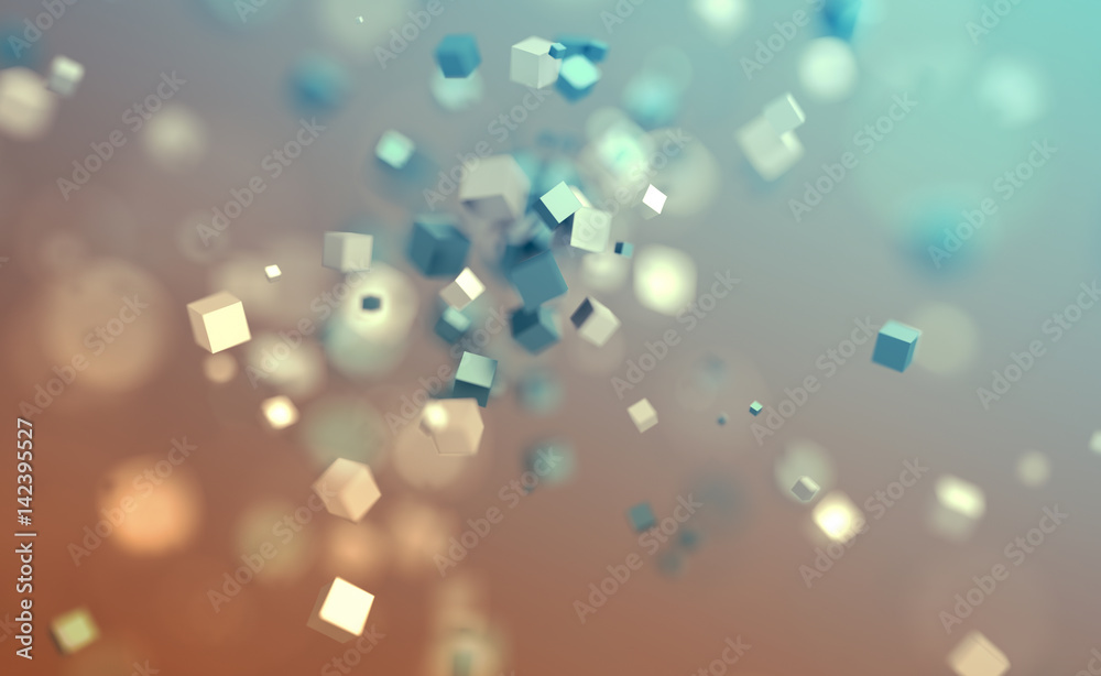 Poster abstract 3d rendering of chaotic cubes. flying shapes in empty space. dynamic background with bokeh,