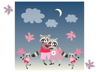 Baby shower invitation. Parents and twins - children. Vector illustration. Cute funny raccoons.