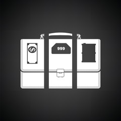 Oil, dollar and gold dividing briefcase concept icon