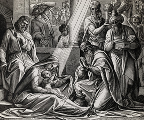 The newborn Jesus with mother Mary and three wise men, graphic collage from engraving of Nazareene School, published in The Holy Bible, St.Vojtech Publishing, Trnava, Slovakia, 1937. © fluenta