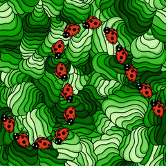 Summer seamless background with ladybirds and green leaves

