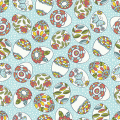 Seamless  pattern with color easter eggs, flowers and butterfly.Ideal for printing onto fabric and paper or scrap booking, vector illustration