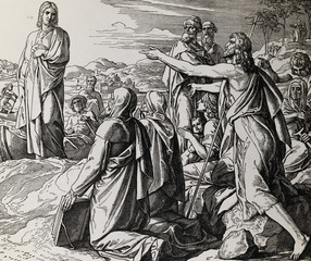 Fototapeta premium John the Baptist gives testimony about Jesus Christ, graphic collage from engraving of Nazareene School, published in The Holy Bible, St.Vojtech Publishing, Trnava, Slovakia, 1937.