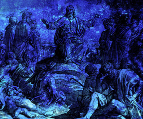 Jesus´ sermon on the mount, graphic collage from engraving of Nazareene School, published in The Holy Bible, St.Vojtech Publishing, Trnava, Slovakia, 1937.